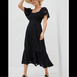 Anthropologie Black Smocked Midi Dress with Flutter Sleeves